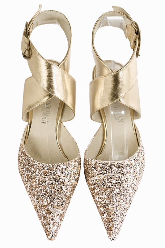 Gold women's open back shoes, with crossed straps. Pointed toe. High spool heels. Top view - Florence KOOIJMAN